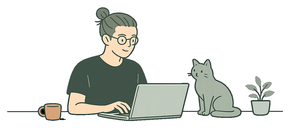 Illustration of a person working at a laptop with a cat, a plant, and a mug
